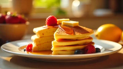Stack of golden pancakes with berries and syrup on a sunny breakfast table.