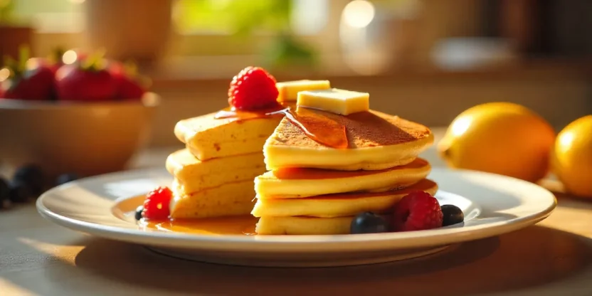 Stack of golden pancakes with berries and syrup on a sunny breakfast table.