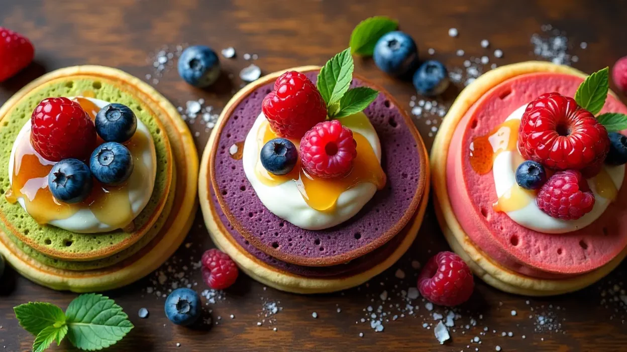 Colorful assorted pancakes with fruit toppings, honey, and sauces on a breakfast table.