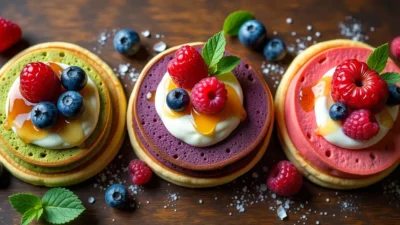 Colorful assorted pancakes with fruit toppings, honey, and sauces on a breakfast table.