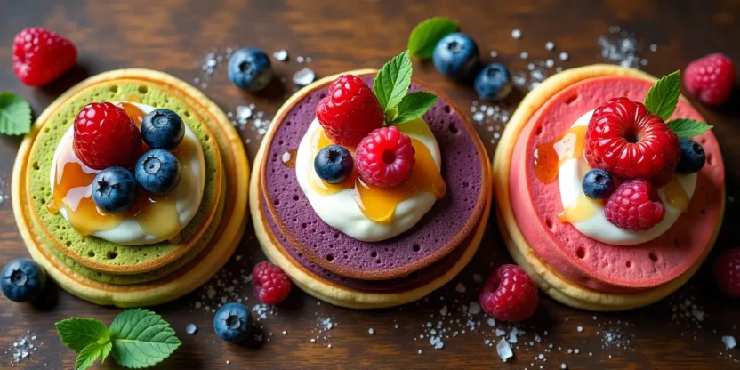 Colorful assorted pancakes with fruit toppings, honey, and sauces on a breakfast table.