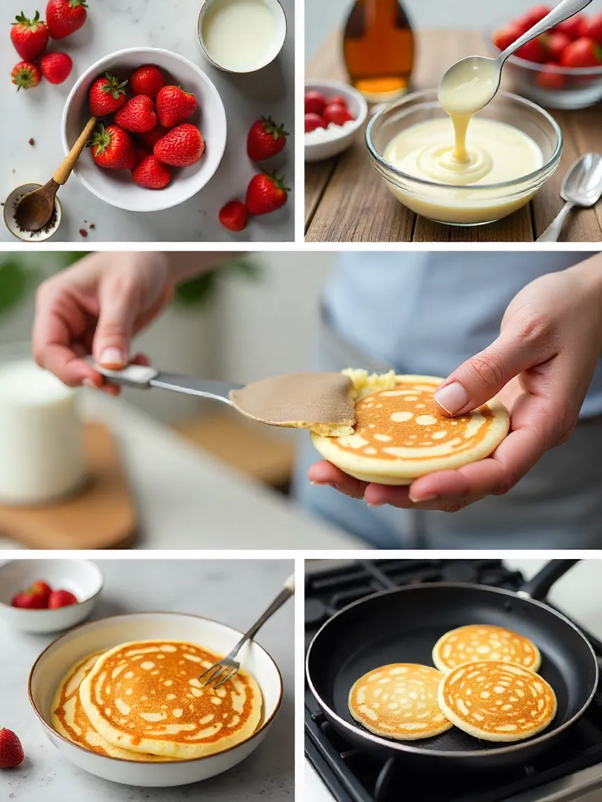 Collage of pancake tips: fresh baking powder, mixing bowls, batter resting, and flipping golden pancakes on a skillet.