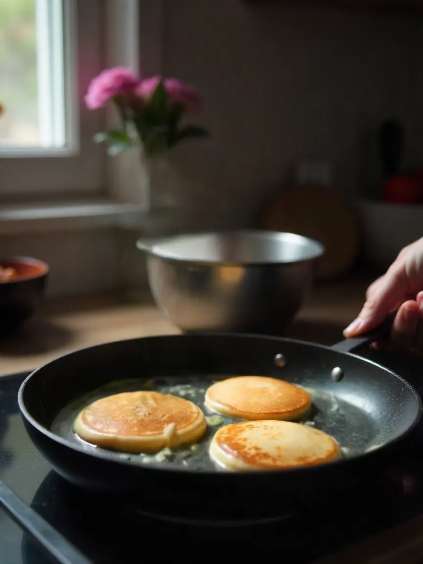 Homemade pancakes cooking in a pan with batter and whisk nearby.