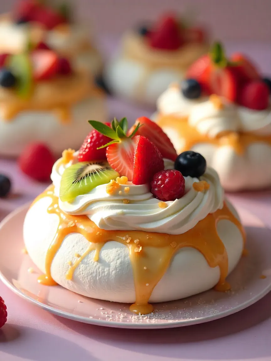 Pavlova dessert with crisp meringue, whipped cream, and colorful fruits on elegant plates.