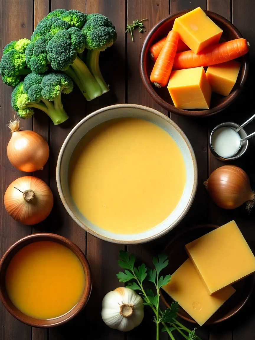 Collage of fresh broccoli, cheddar cheese, carrots, onions, garlic, butter, cream, and herbs for broccoli cheddar soup.