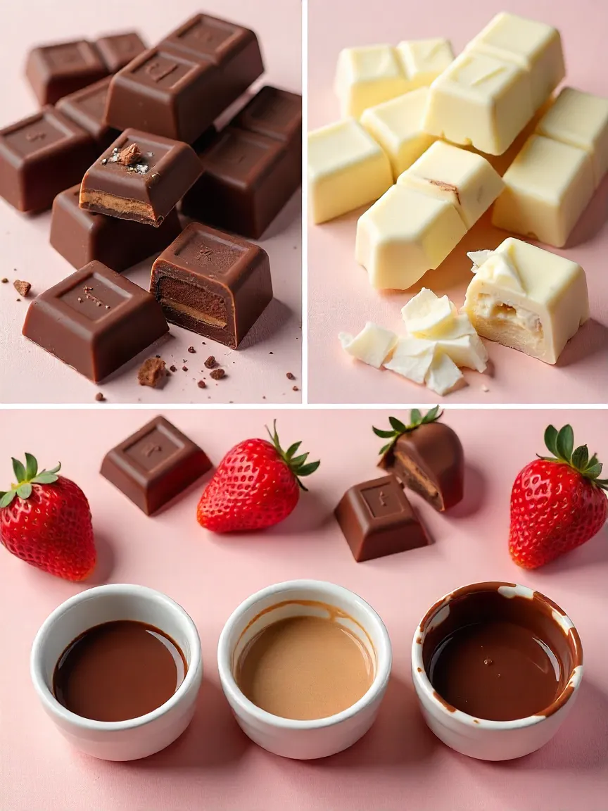 Dark, milk, and white chocolate bars with bowls of melted chocolate and coconut oil for dipping strawberries.