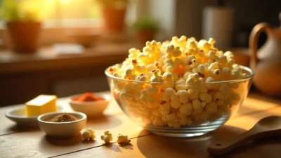 Bowl of fresh popcorn in a cozy kitchen with seasonings and sunlight.