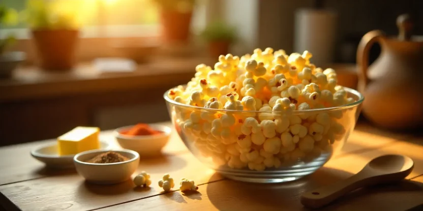 Bowl of fresh popcorn in a cozy kitchen with seasonings and sunlight.