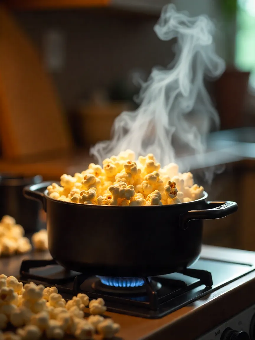 Fresh popcorn popping in a cozy kitchen with warm sunlight.