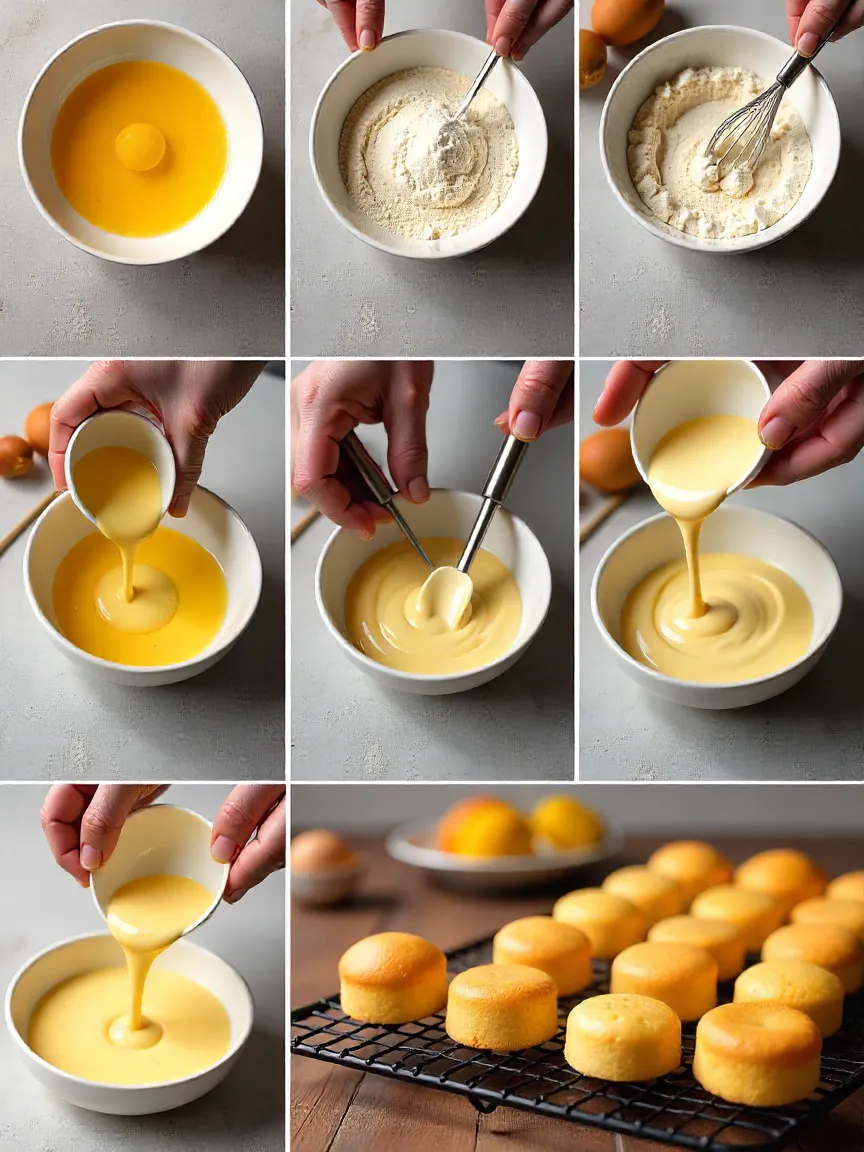 Step-by-step collage showing egg separation, whisking, folding batter, and baking mini Chinese sponge cakes.
