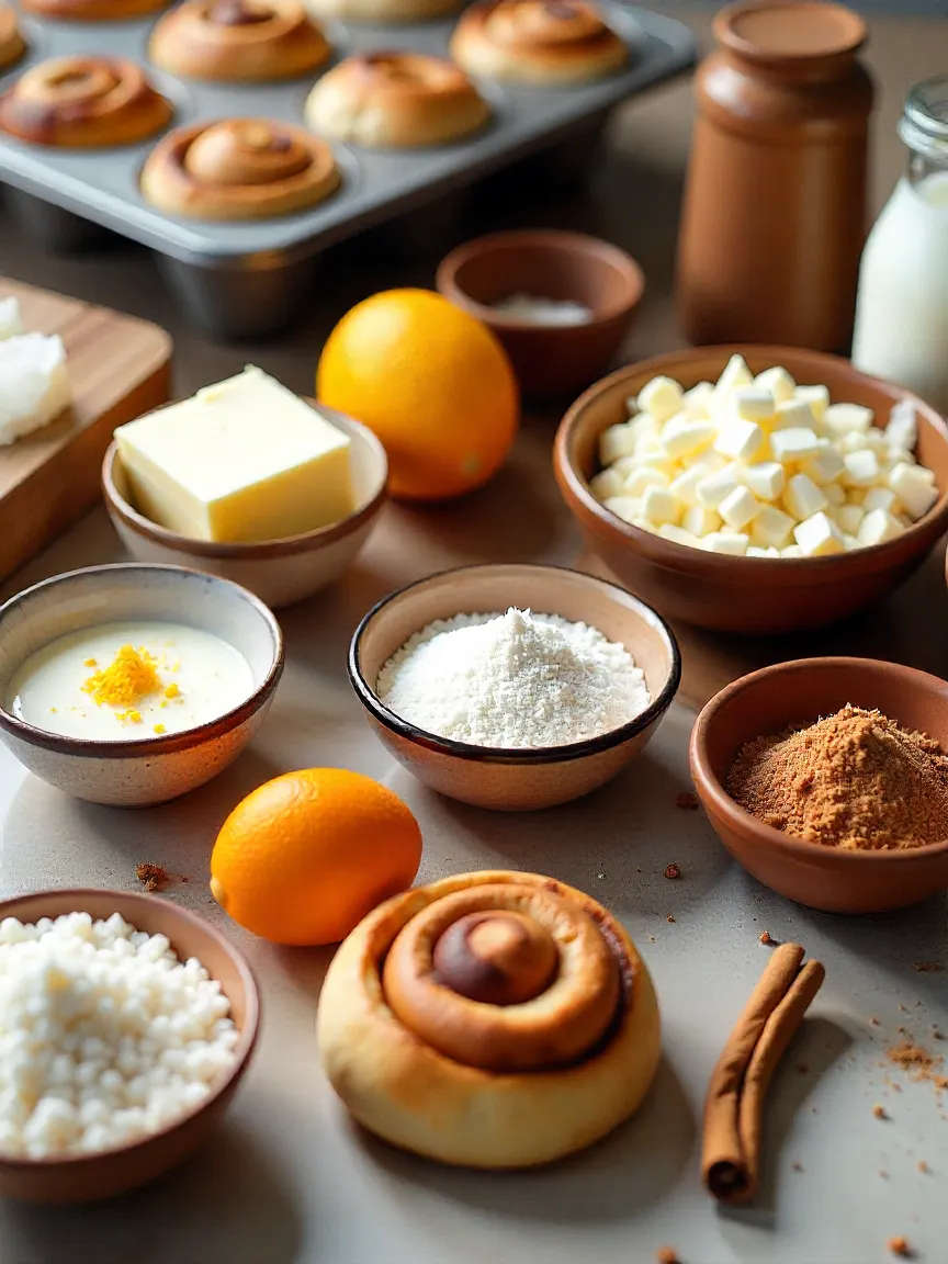 Neatly arranged cinnamon roll ingredients on a kitchen counter.