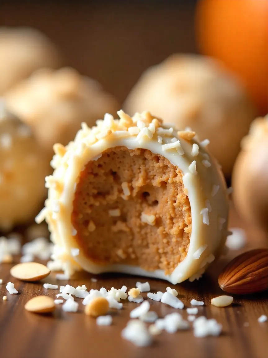 Assortment of coconut-almond truffles, some coated in coconut, others in white chocolate and coconut, highlighting textures and hidden almonds.