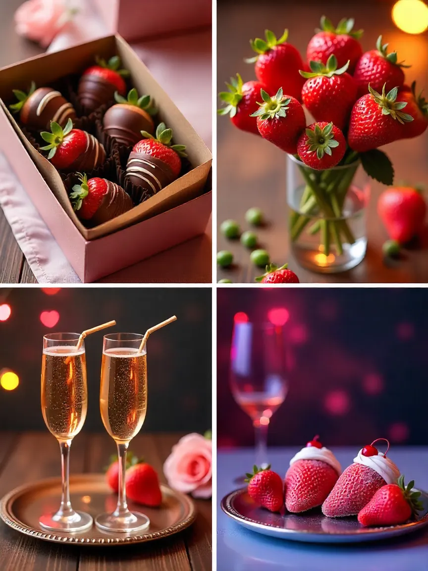 Chocolate-covered strawberries presented in boxes, skewers as a berry bouquet, and served with champagne on a silver tray.