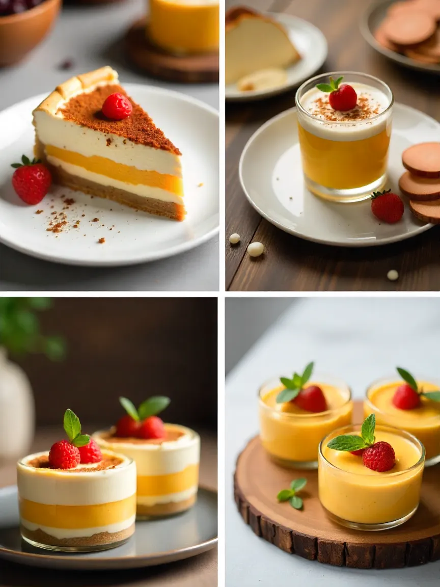 Collage of corn tiramisu served in jars, ramekins, on plates, and wooden boards, showing various stylish presentation ideas.