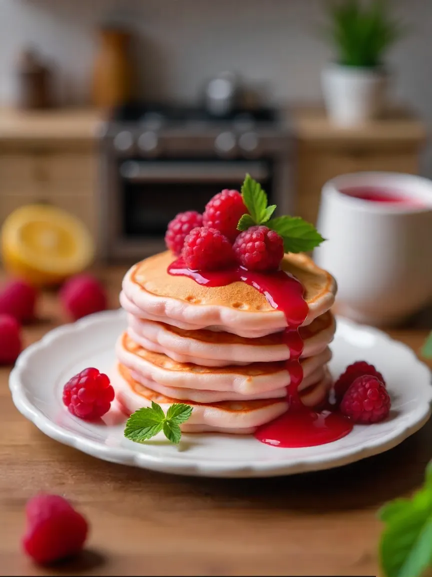 Soft pink raspberry pancakes topped with fresh berries, lemon sauce, and mint leaves on a white plate.
