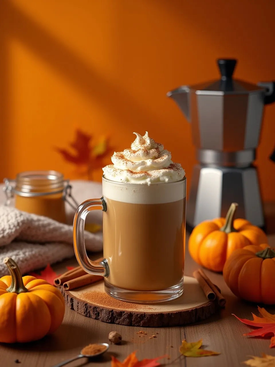 Pumpkin spice latte in a glass mug with whipped cream, cinnamon, pumpkins, and fall leaves.