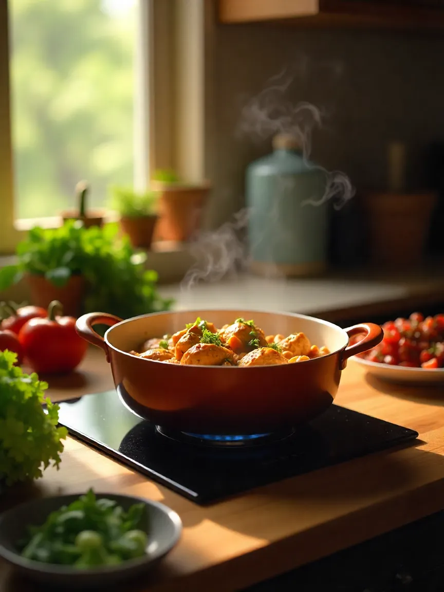 Steaming butter chicken in a cozy kitchen with fresh ingredients on the table.