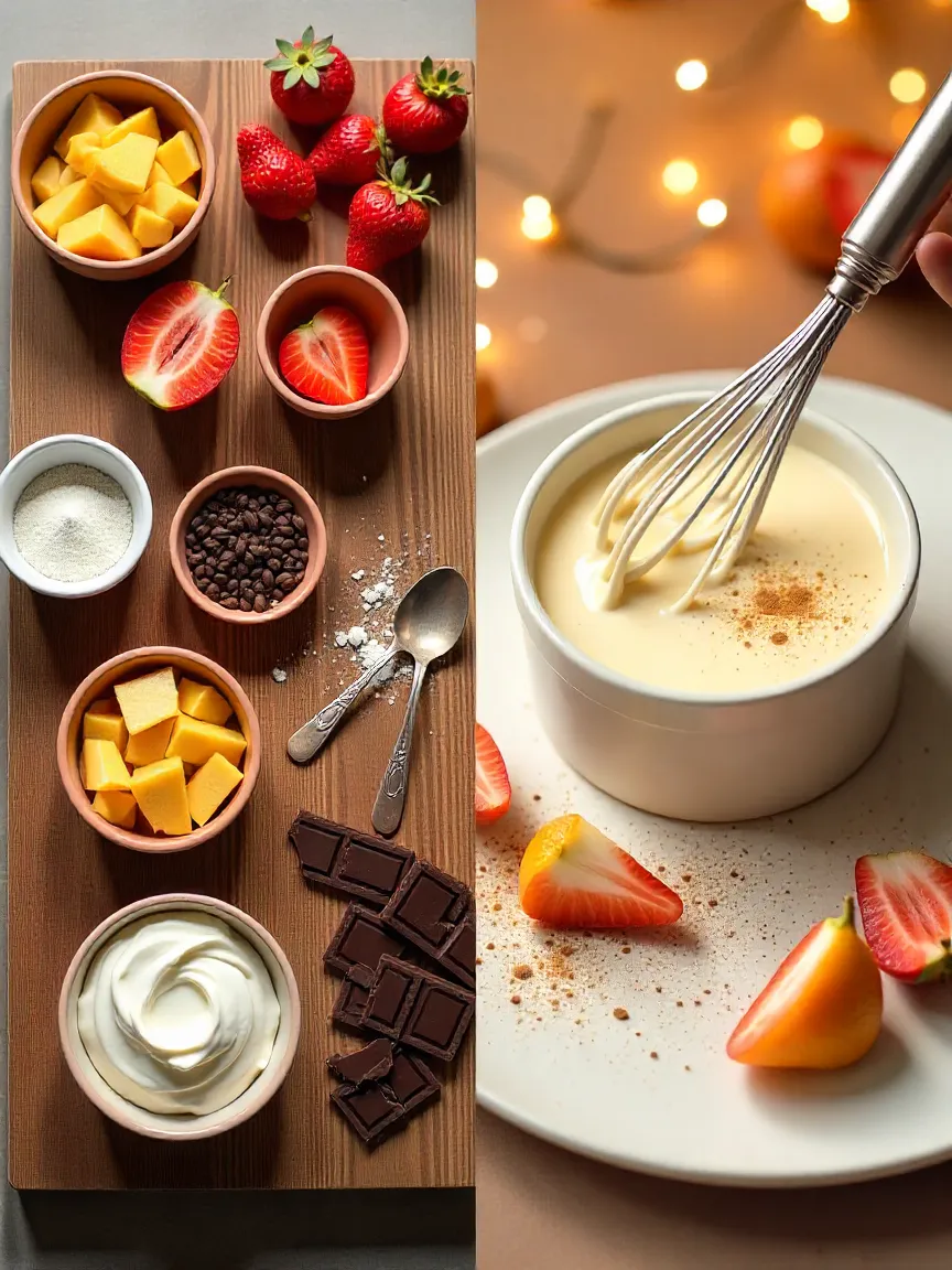 Collage showing dessert prep steps with ingredients, tools, and kitchen tips.
