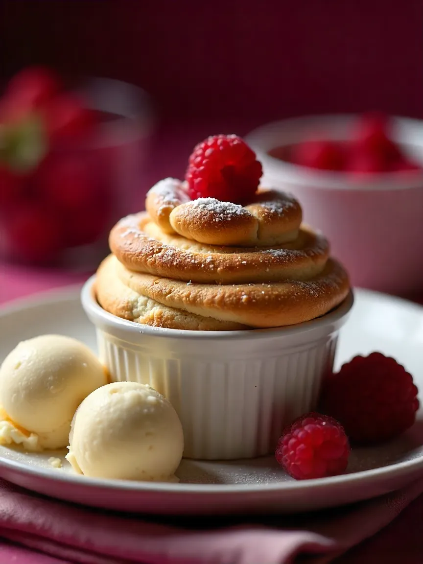Raspberry Soufflé in a ramekin, dusted with powdered sugar, served with vanilla ice cream.