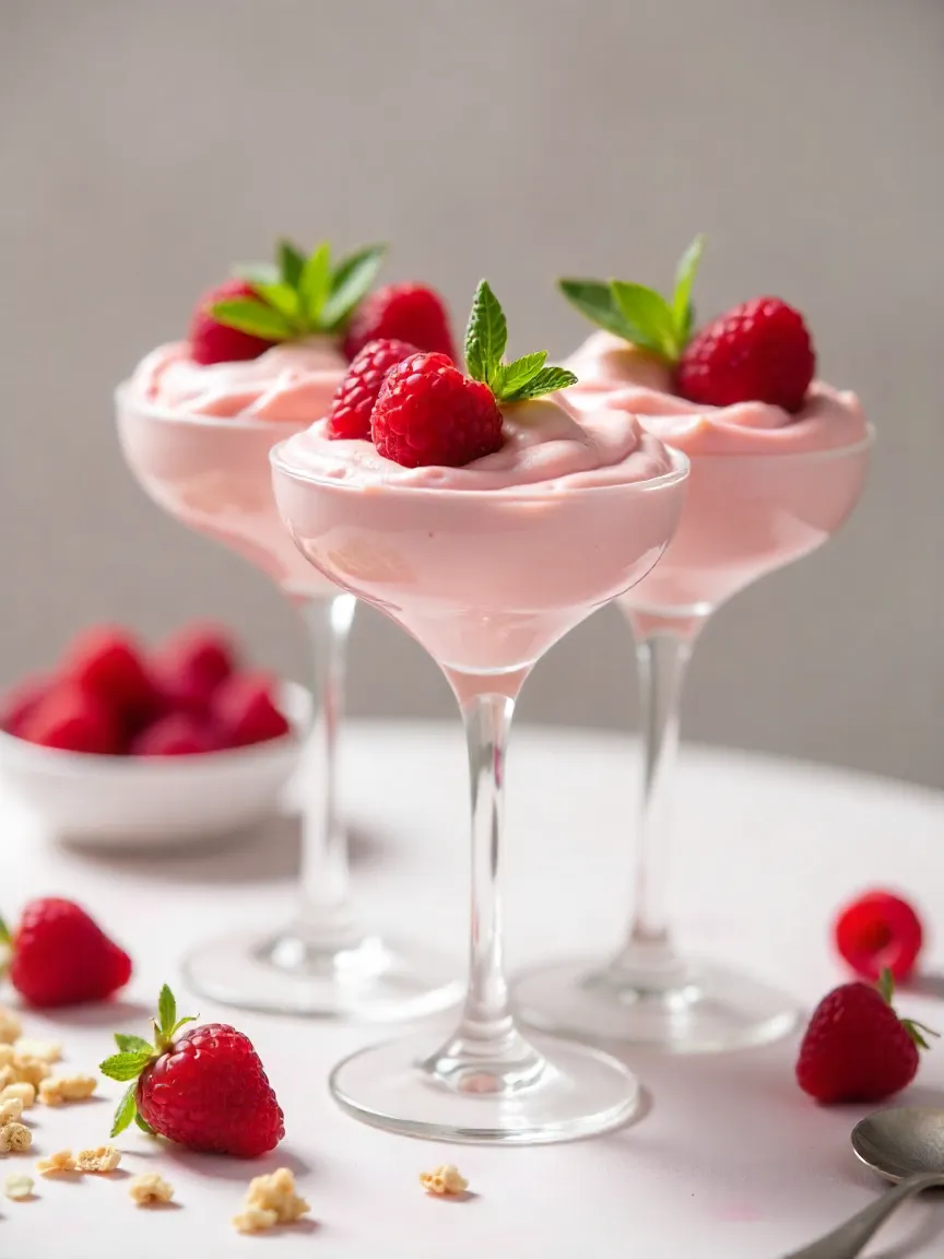 Raspberry cloud mousse in glasses, garnished with fresh raspberries, mint, and white chocolate drizzle.