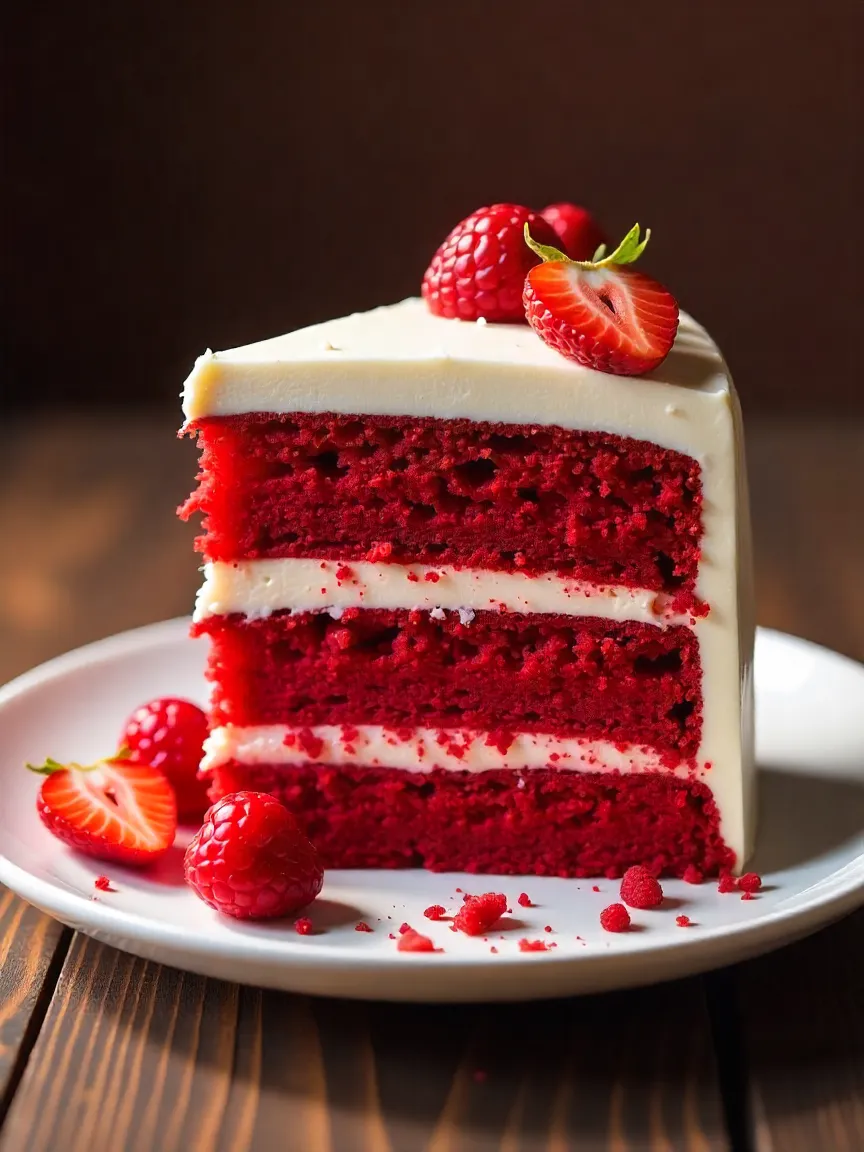 Red Velvet Cake with cream cheese frosting, garnished with fresh berries.