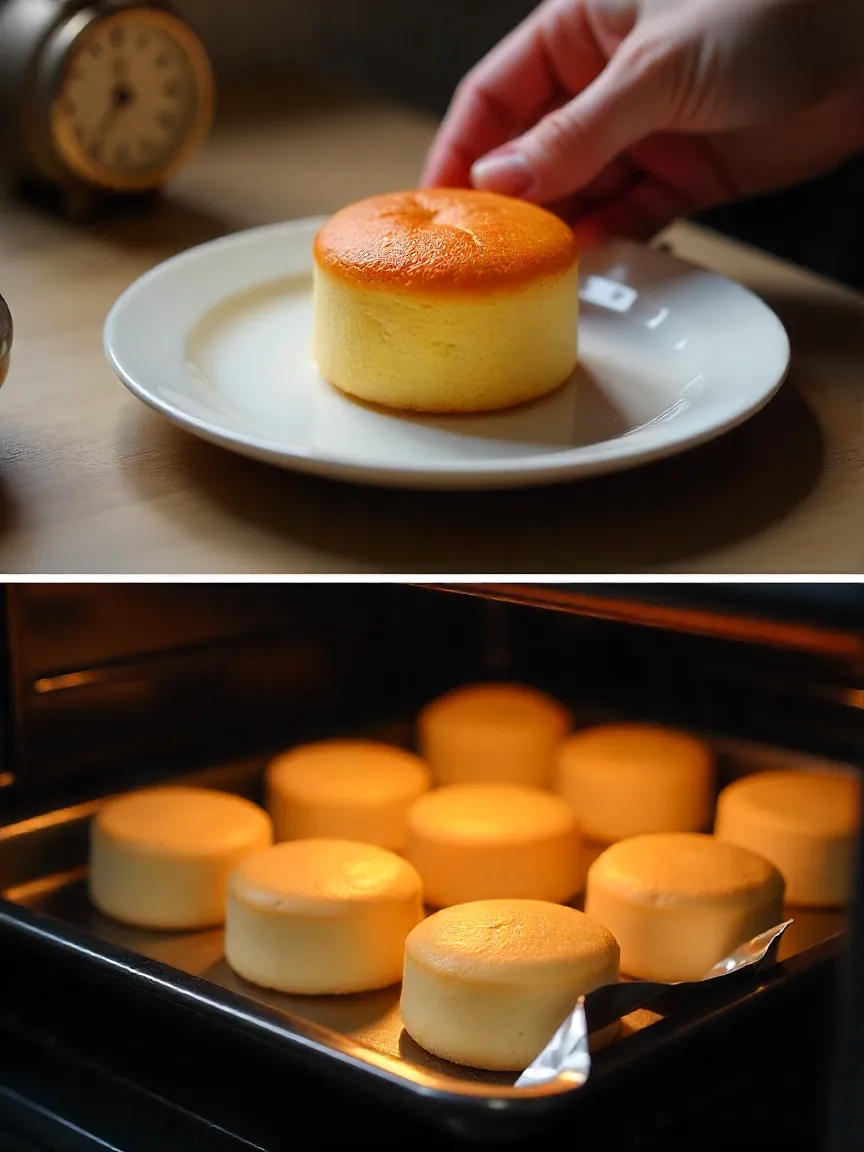 Collage of mini sponge cakes being gently reheated in a microwave and oven to restore softness without drying.