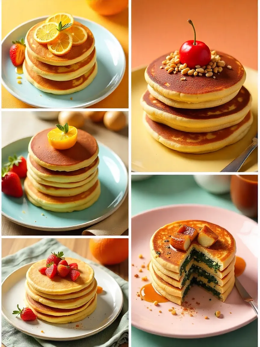 Collage of creative pancakes: citrus, nutty, chocolate, savory, and spiced varieties.