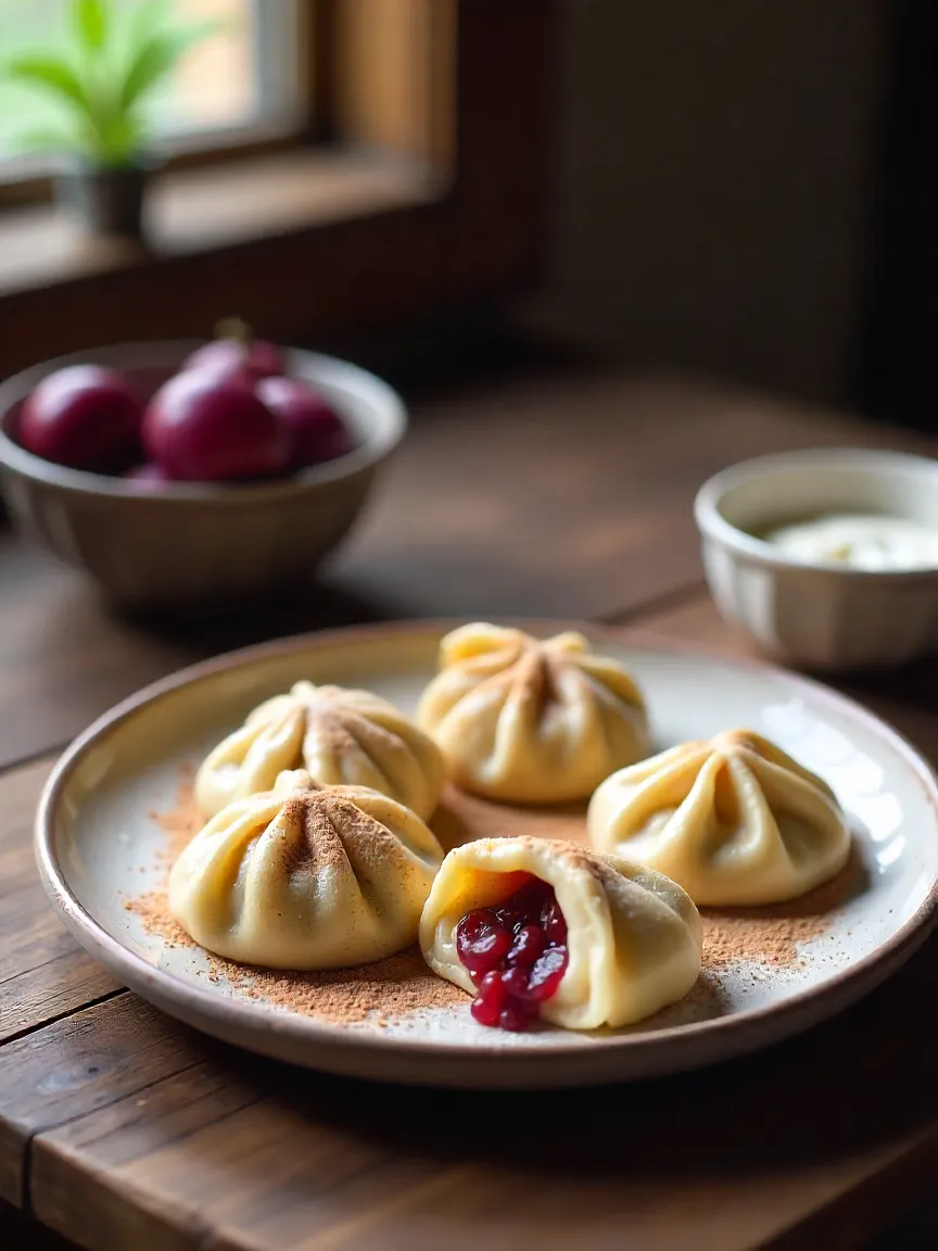 Warm ricotta plum dumplings on a rustic plate with sour cream, evoking homemade comfort food.