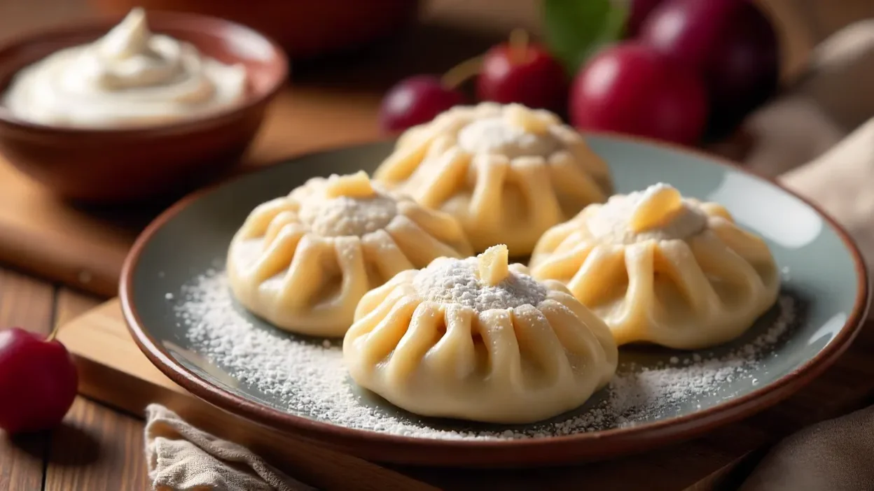 Homemade plum dumplings with powdered sugar and sour cream on a wooden board.
