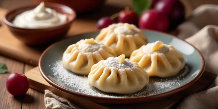 Homemade plum dumplings with powdered sugar and sour cream on a wooden board.