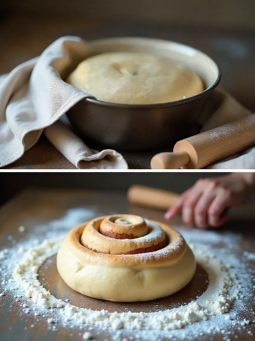 Cinnamon roll dough rising in a bowl and being rolled out on a floured surface.