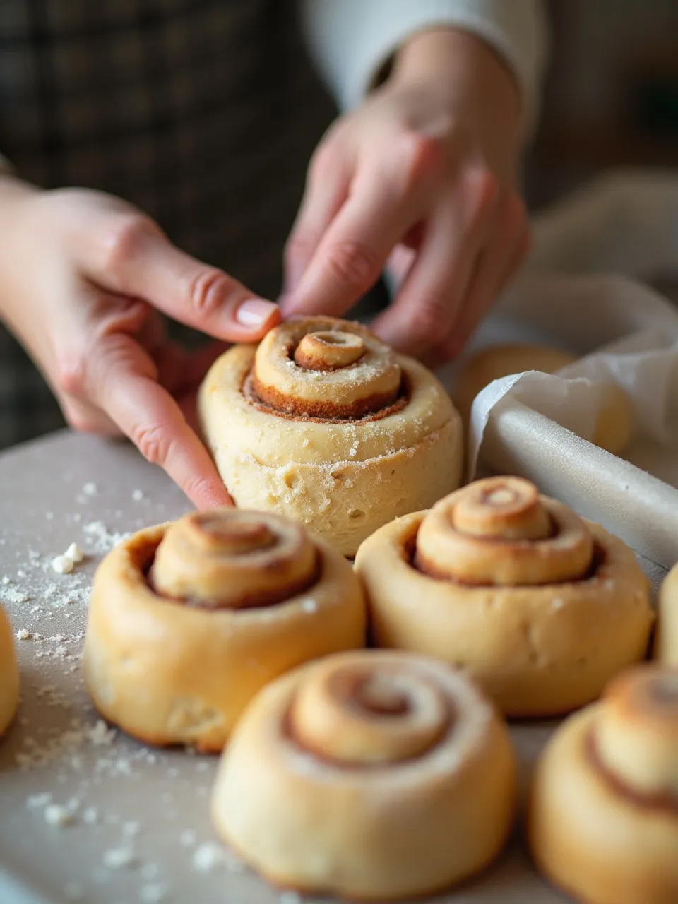 Cinnamon roll log being cut into spirals and placed in a baking dish for rising.