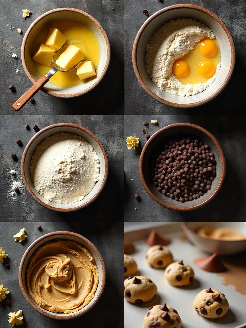 Collage showing cookie baking steps: creaming butter and sugar, eggs, dry ingredients, folding chocolate, and chilled cookie dough ready to bake.