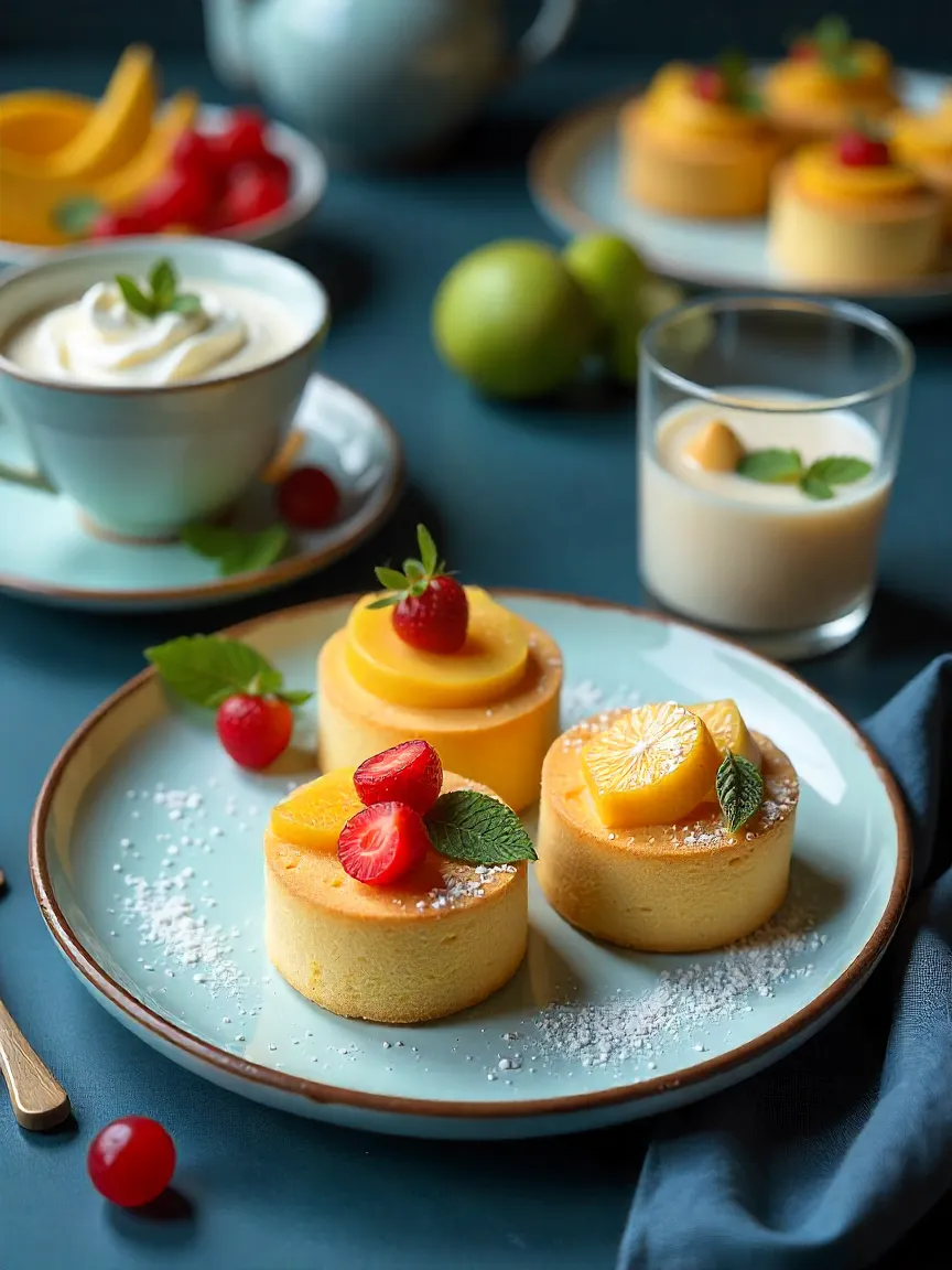 Collage of mini sponge cakes served with fruit, powdered sugar, and paired with tea or milk.