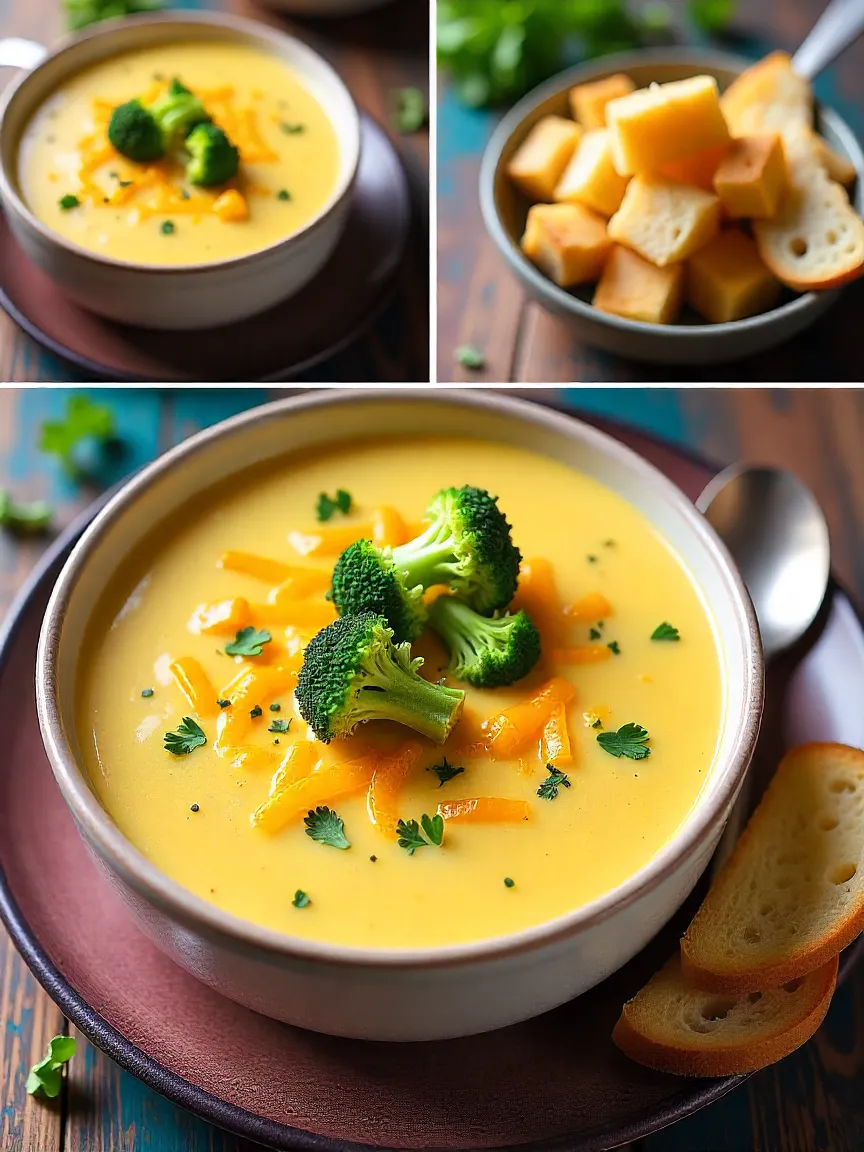 Served bowls of broccoli cheddar soup with cheese, herbs, roasted broccoli, croutons, and bread, plus a side green salad.