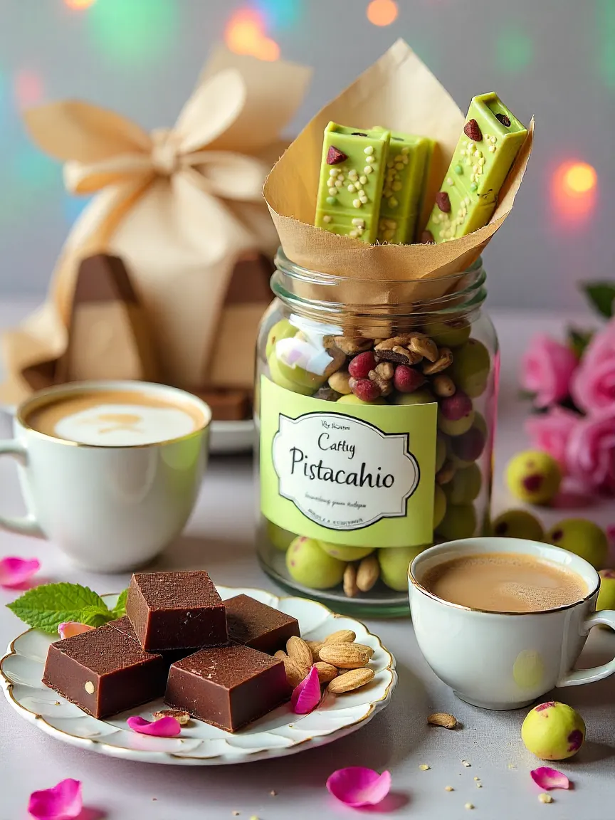 Pistachio chocolate wrapped in parchment and ribbon, chocolate in a jar with a handwritten tag, dessert platter with nuts and fruit, alongside coffee and mint tea.