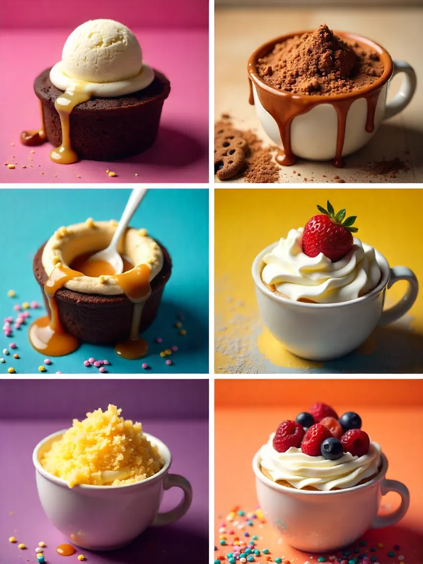 Collage of mug cake toppings: ice cream, sauces, berries, whipped cream, lemon curd, cookies, coconut flakes, and sprinkles.