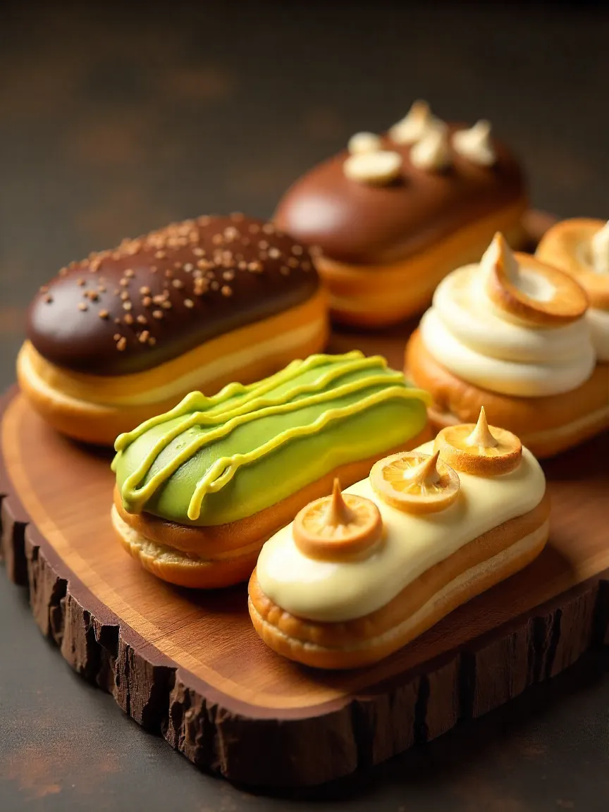 Collage showing lemon meringue éclairs with powdered sugar, fresh berries, candied lemon slices, Earl Grey tea, and a tiered stand decorated with mint and edible flowers.