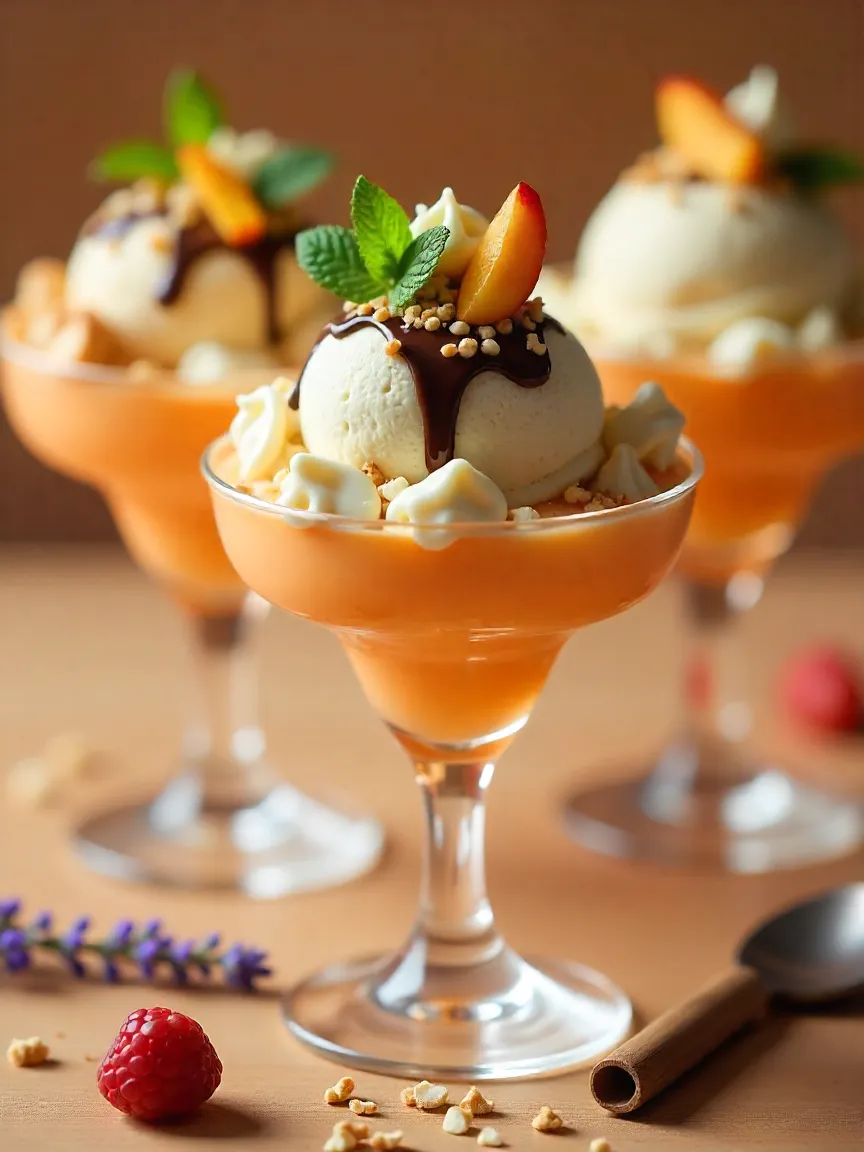 Beautifully served ice cream with garnishes and textures.