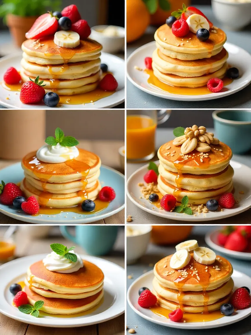 Collage of styled pancakes with fruit, nuts, honey drizzle, yogurt, and decorative mint leaves on colorful plates.