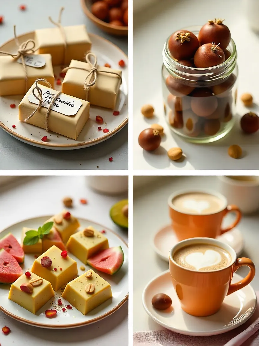 Homemade pistachio chocolate wrapped with twine, displayed in jars, served with fresh fruit, nuts, rose petals, and paired with coffee and mint tea for gifting and serving ideas.