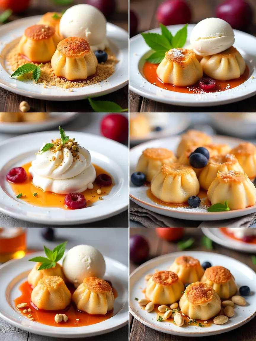 Collage of ricotta plum dumplings served with toasted breadcrumbs, ice cream, crème fraîche, honey, nuts, and fresh garnishes.