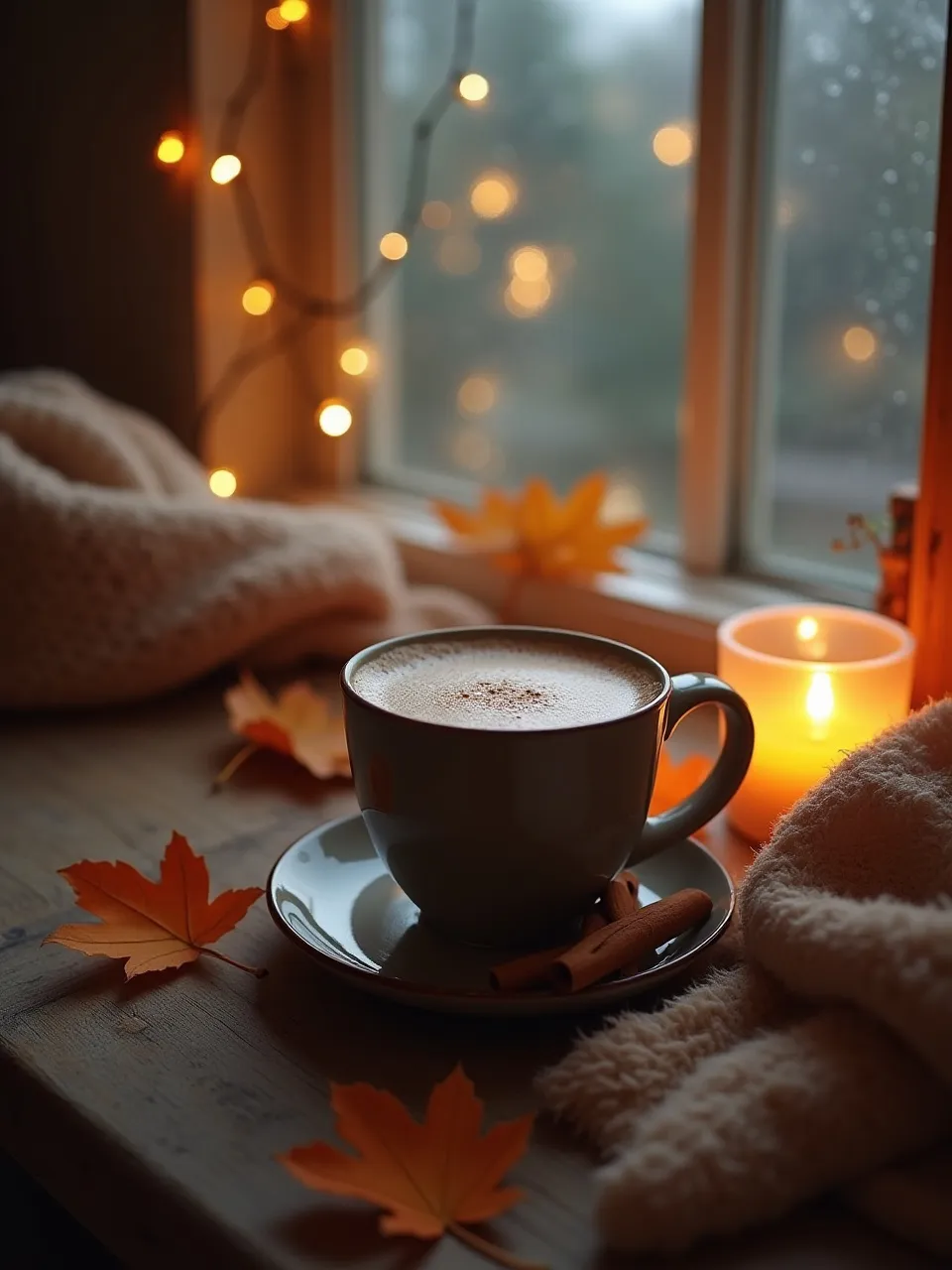 Cozy autumn scene with a steaming mug, cinnamon stick, orange slice, blanket, sweater, candle, and fall leaves.