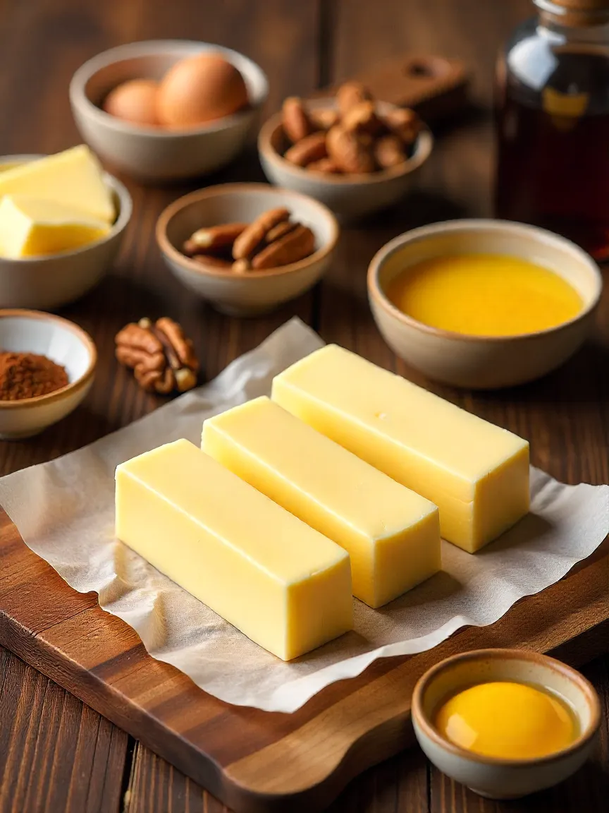 Collage of butter, browned butter, coconut oil, eggs, vanilla, nuts, and espresso powder for baking cookies.