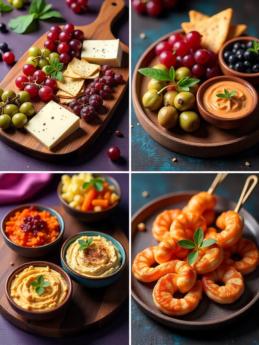 Date night starters collage: cheese board, cured meats, dips with pita, roasted vegetables, and mini shrimp skewers.