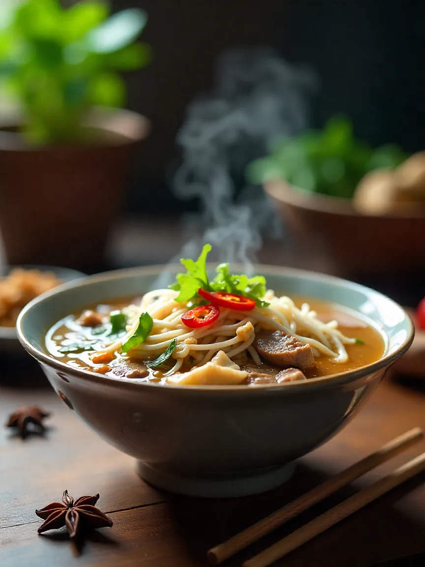 Bowl of Vietnamese pho with noodles, beef, fresh herbs, lime, and chili slices.