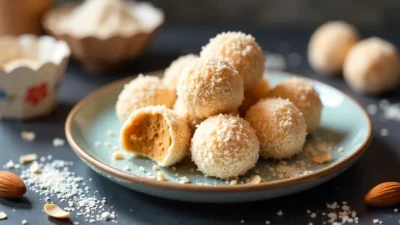 Homemade coconut-almond truffles on a plate, coated in coconut with almonds inside, styled with paper cups and coconut flakes.