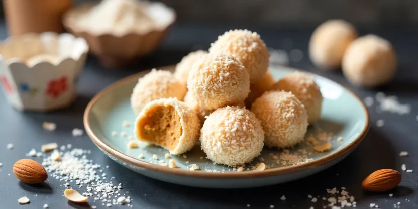 Homemade coconut-almond truffles on a plate, coated in coconut with almonds inside, styled with paper cups and coconut flakes.
