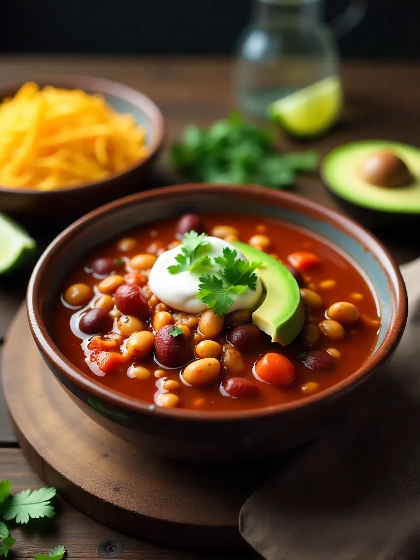 Steaming bowl of beef chili with toppings like cheese, avocado, and cilantro on a rustic table.