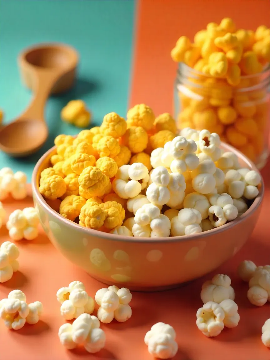 Collage of mushroom and butterfly popcorn kernels with freshly popped corn on a kitchen surface.